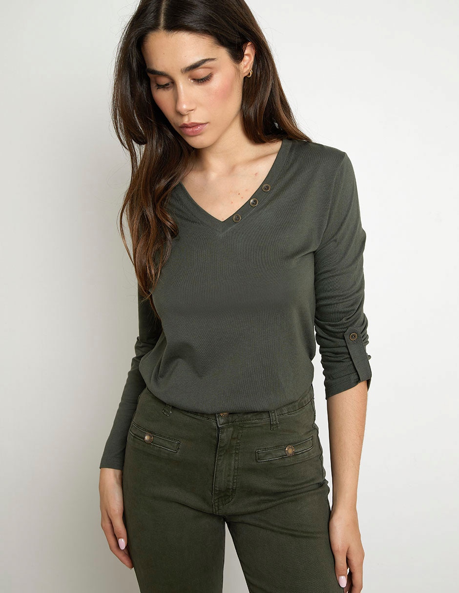 Playera manga larga cuello v para mujer