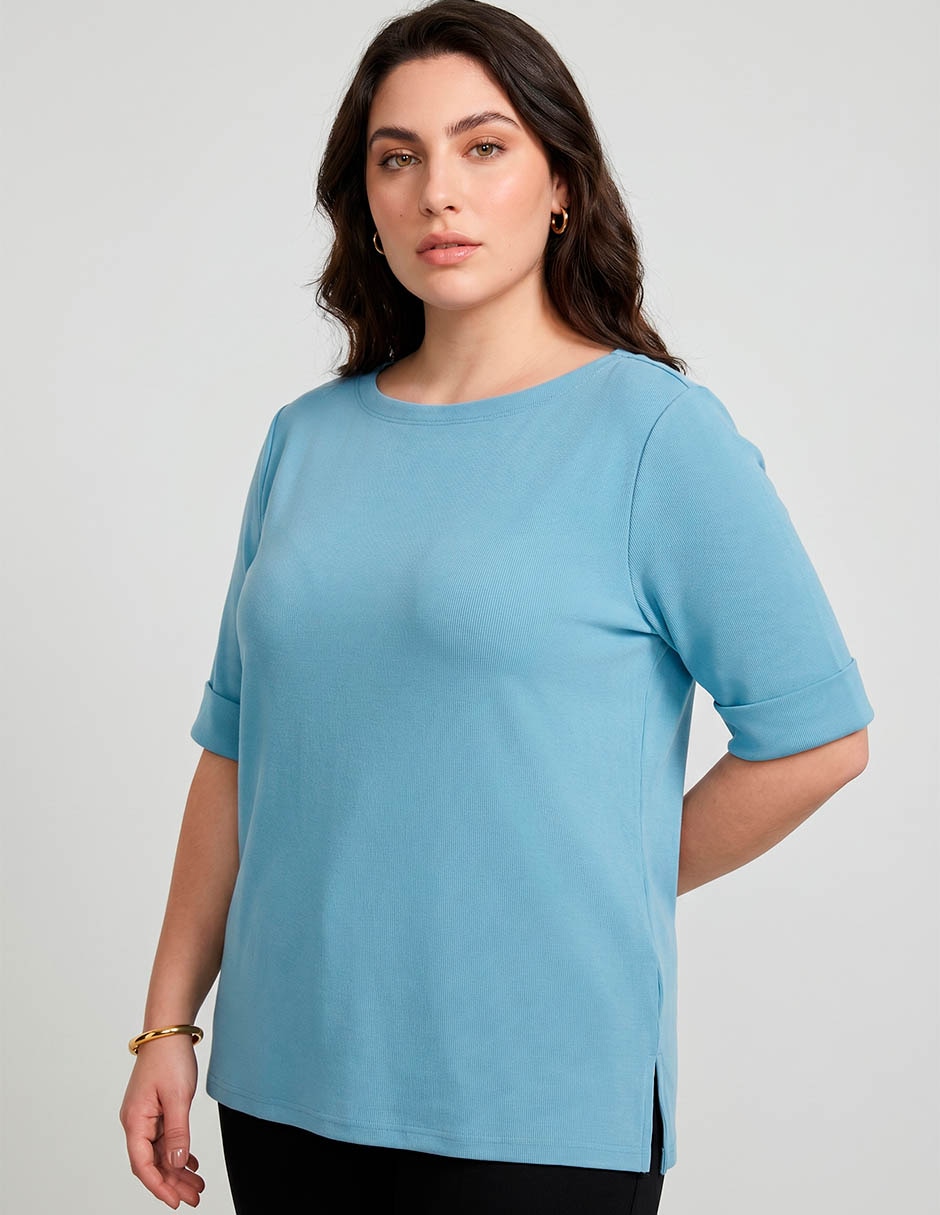 Playera manga al codo cuello ojal para mujer