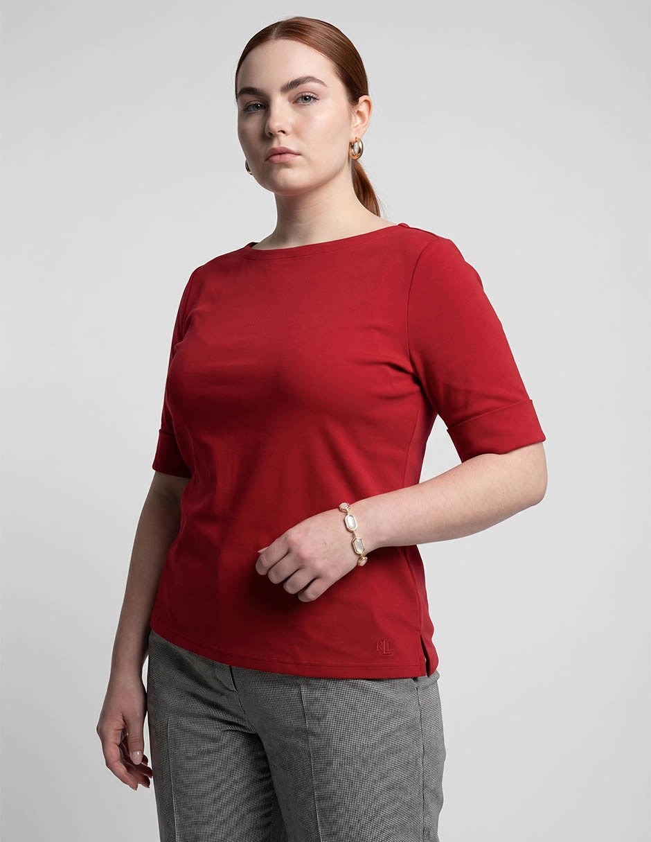 Playera manga al codo cuello ojal para mujer Playera manga al codo cuello ojal para mujer