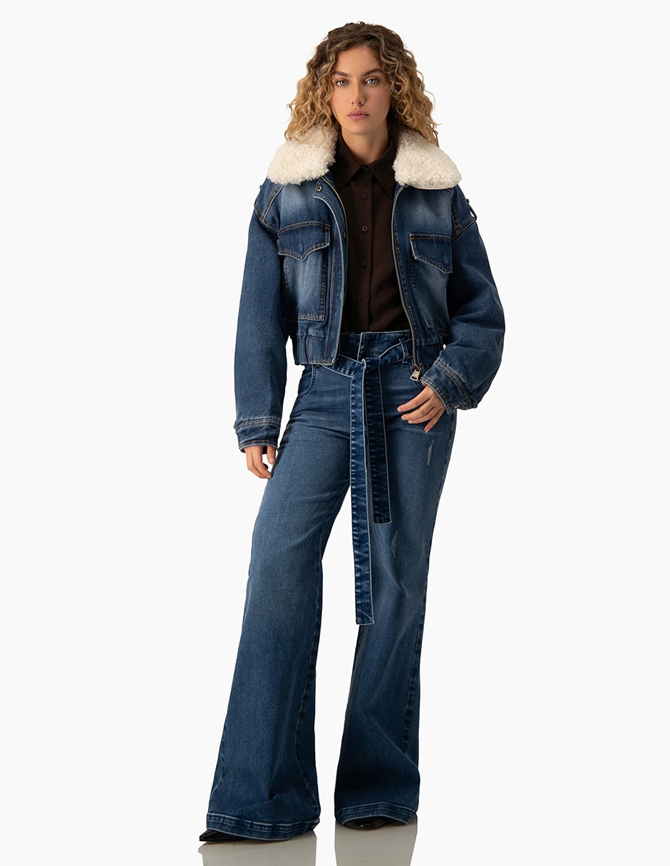 Jeans regular campana corte cintura para mujer 4
