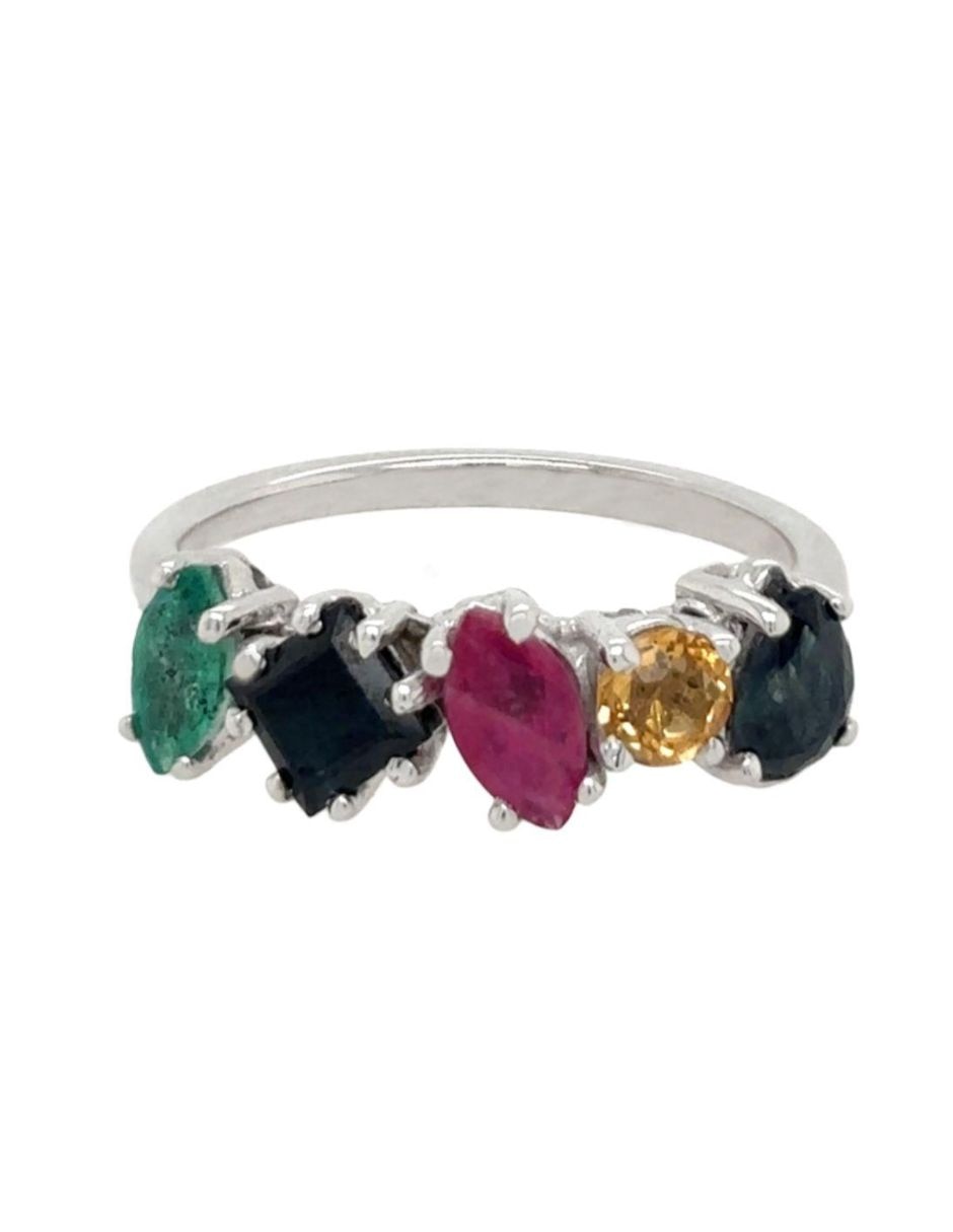 Anillo multi gemas 14 k de oro blanco esmeralda