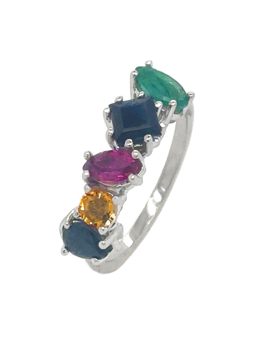 Anillo multi gemas 14 k de oro blanco esmeralda 4
