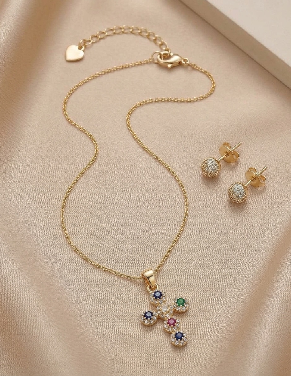 Set de collar y aretes fantasia de oro 18 k zirconia