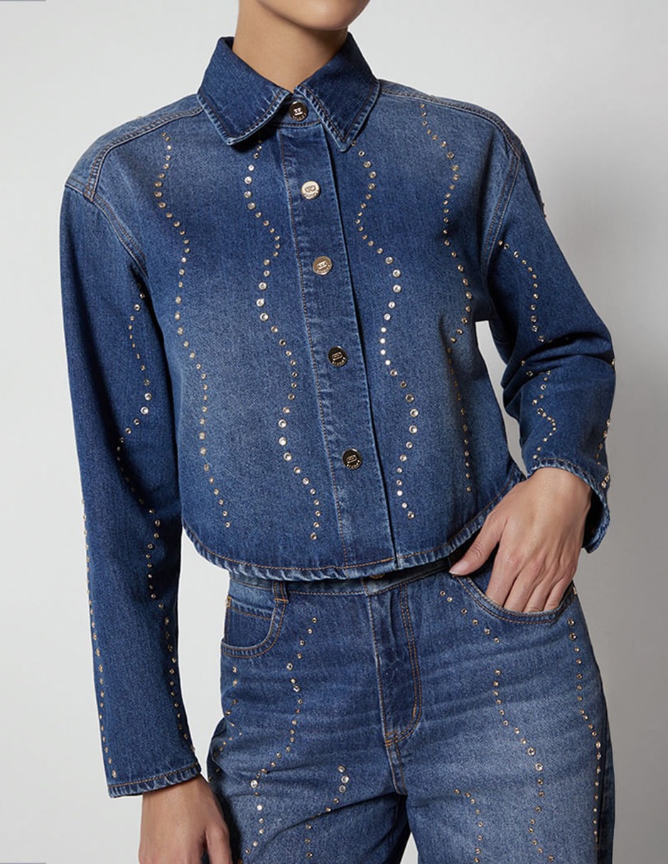Blusa camisera Denim Cristal manga Larga para mujer Blusa camisera Denim Cristal manga Larga para mujer