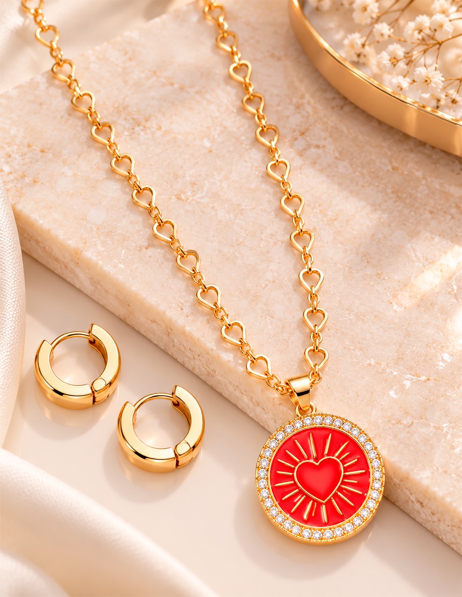 Set de collar y aretes Sagrado Corazón de Oro 10 k Sin gema 5