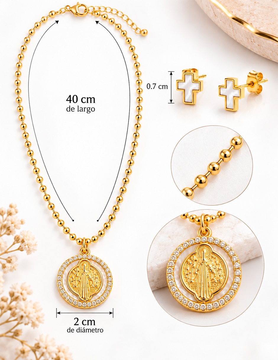Set de collar y aretes San Benito de Acero inoxidable Sin kilataje Nácar y cristal 3
