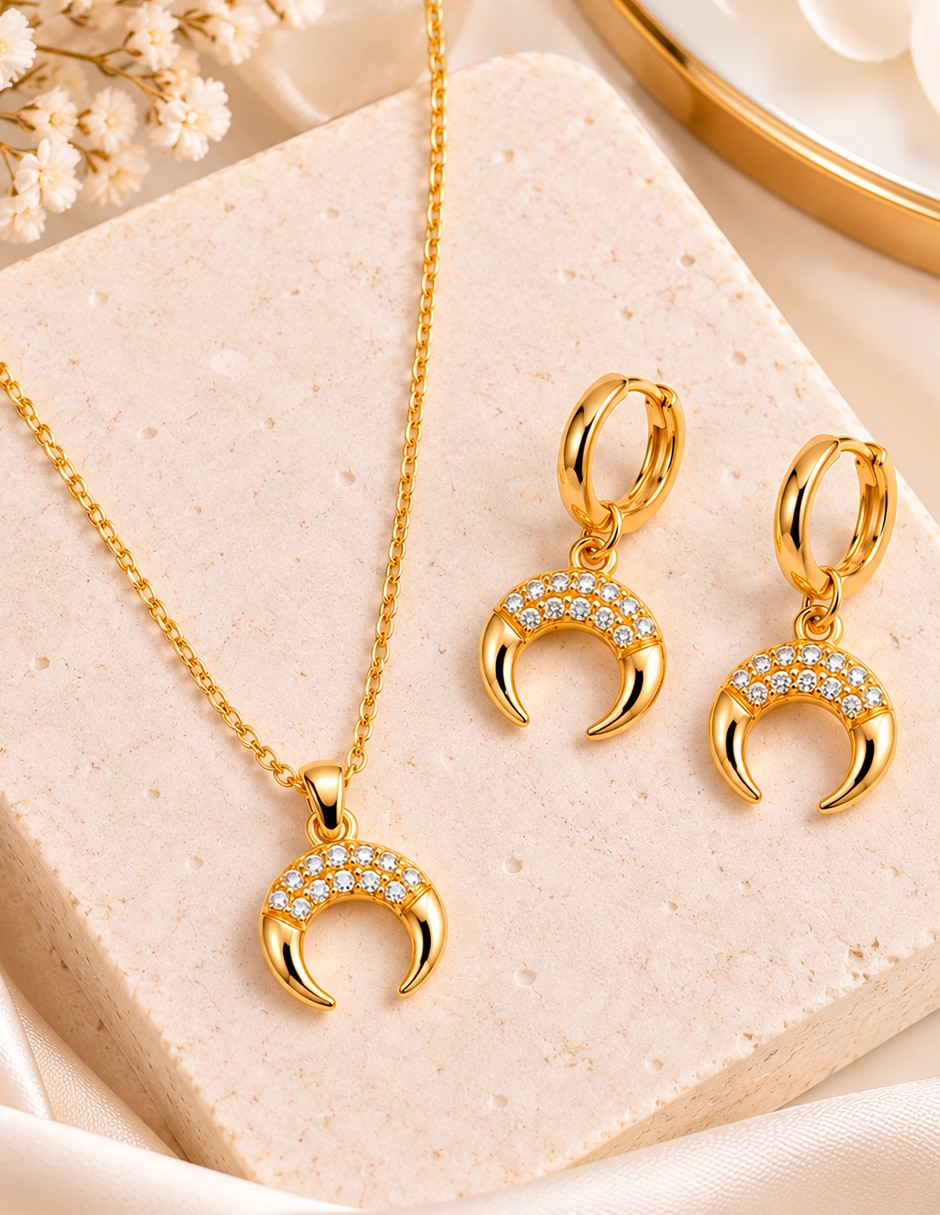 Set de collar y aretes Luna de Acero inoxidable Sin kilataje Cristal 5