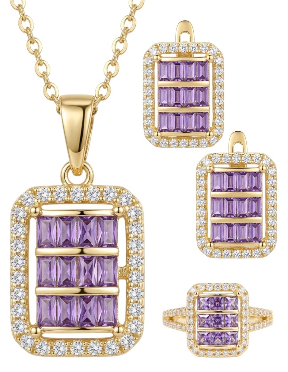 Aretes collar y anillo rectangulares de oro laminado 18 k zirconia