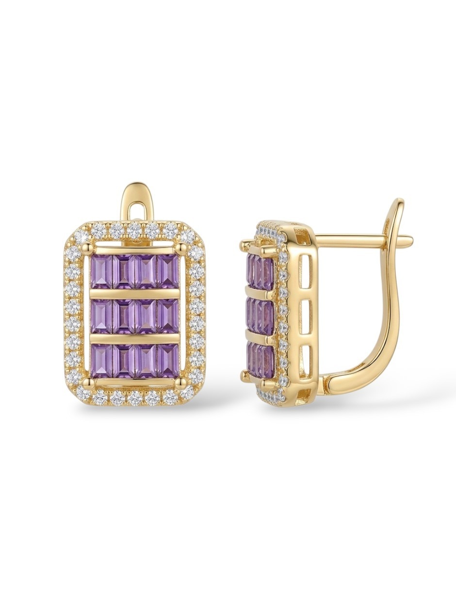 Aretes collar y anillo rectangulares de oro laminado 18 k zirconia