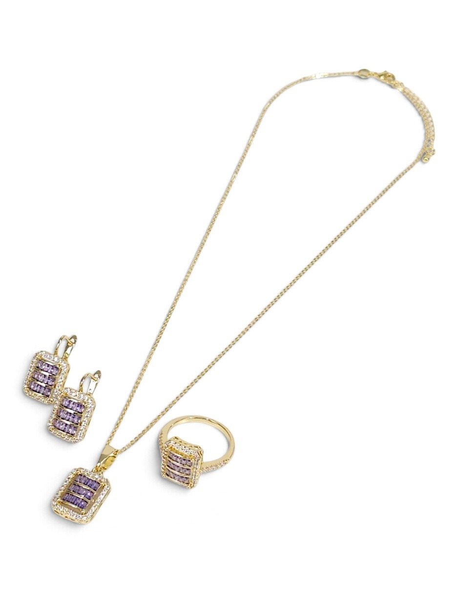 Aretes collar y anillo rectangulares de oro laminado 18 k zirconia 5