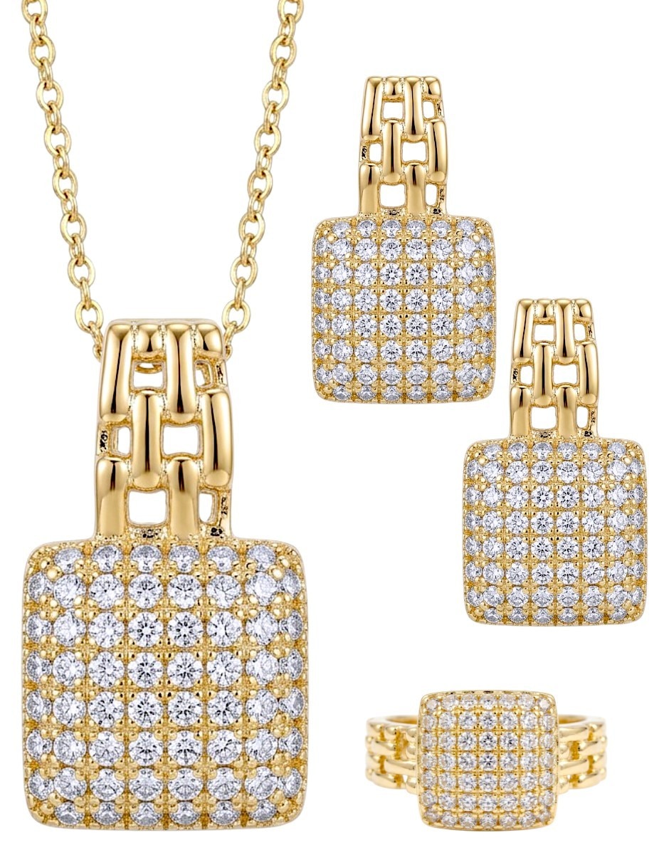 Aretes collar y anillo cuadrado de oro laminado 18 k zirconia