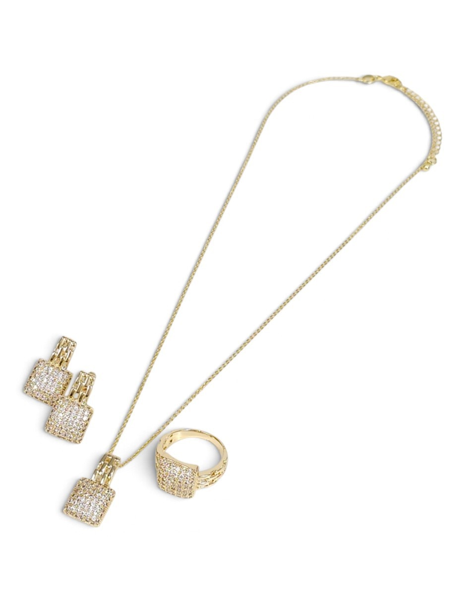 Aretes collar y anillo cuadrado de oro laminado 18 k zirconia 5