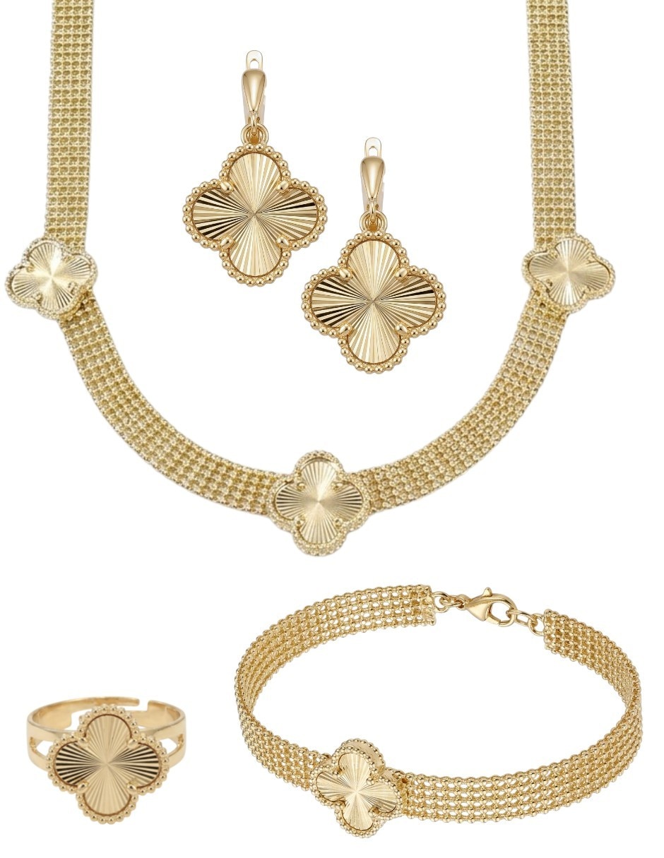 Collar pulsera anillo y aretes de trébol de oro laminado 18 k